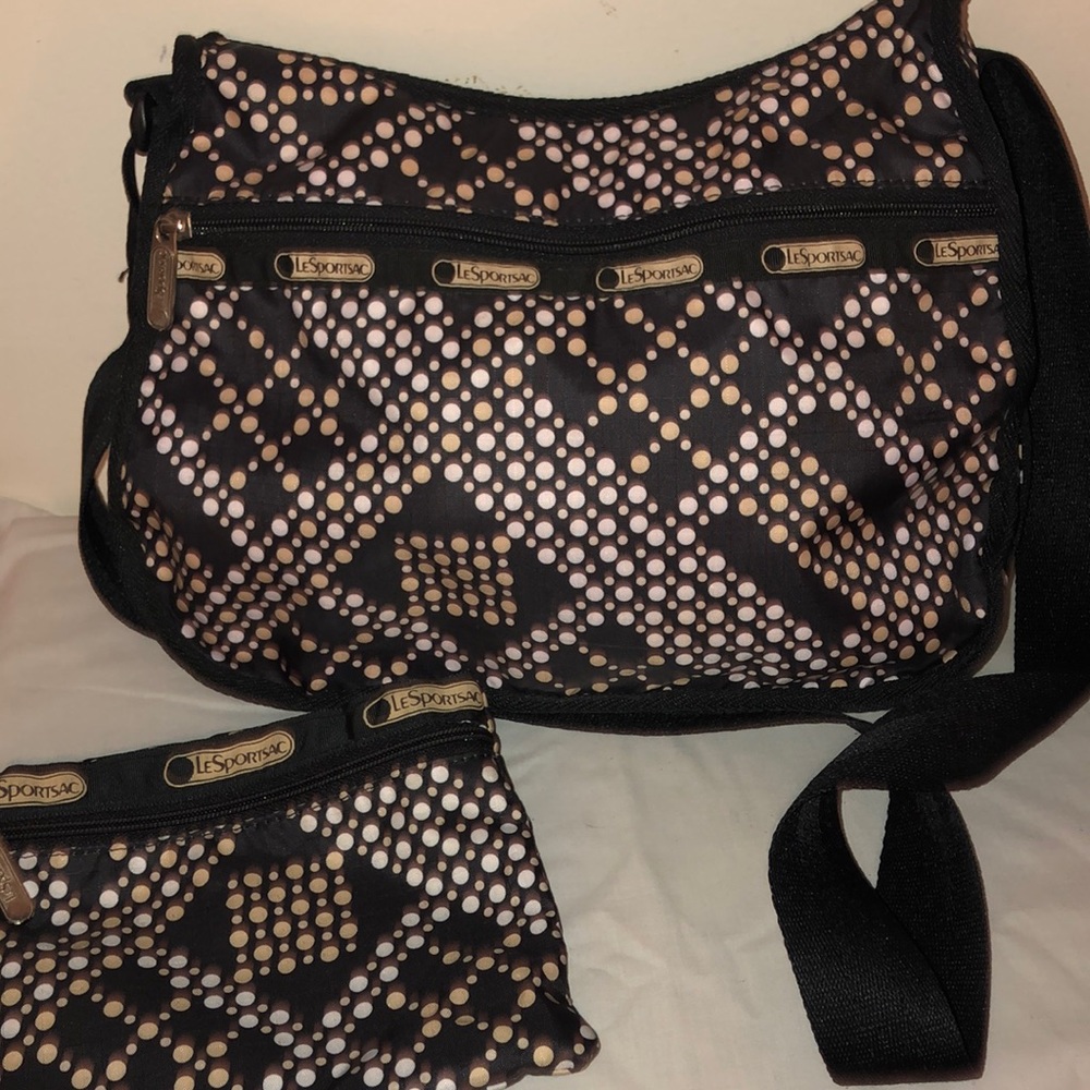 LESPORTSAC BLACK POLKA DOT CROSSBODY PURSE